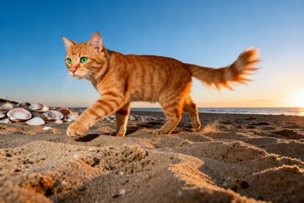 短毛家猫漫步沙滩夕阳下