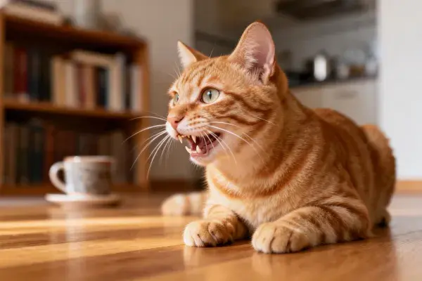 室内木质空间中橘色短毛虎斑猫的动态瞬间
