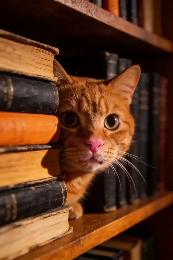 橘色短毛猫躲在书架间探身