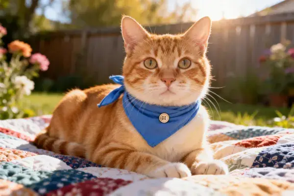 短毛橙白相间家猫于花园彩色毯上凝视