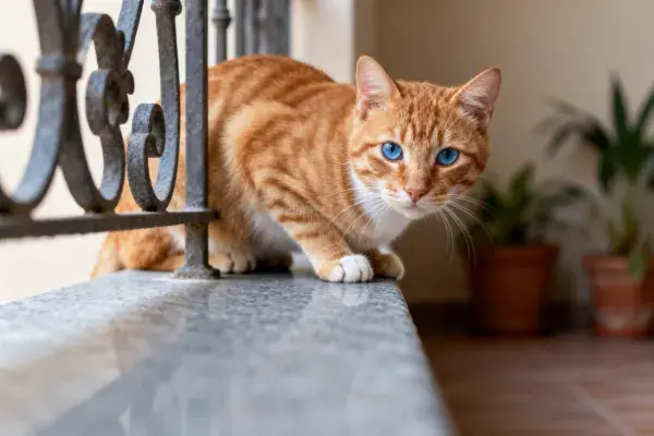 橘色短毛猫在阳台栏杆旁