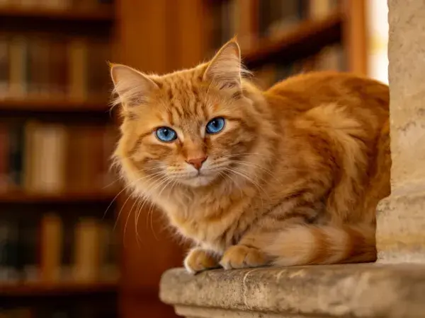 图书馆石柱旁的橙虎斑长毛猫