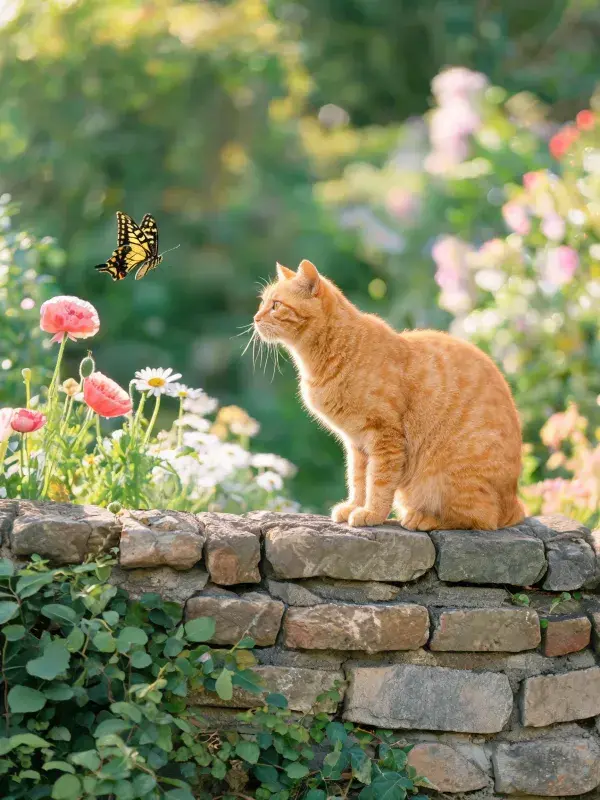 露天花园中橘色短毛猫观察蝴蝶的场景