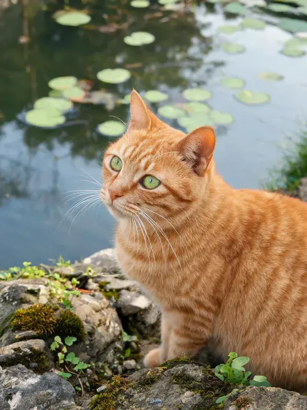橘色短毛家猫湖边石块处的斜视姿态