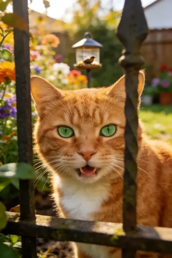花园围栏后的橘色虎斑猫