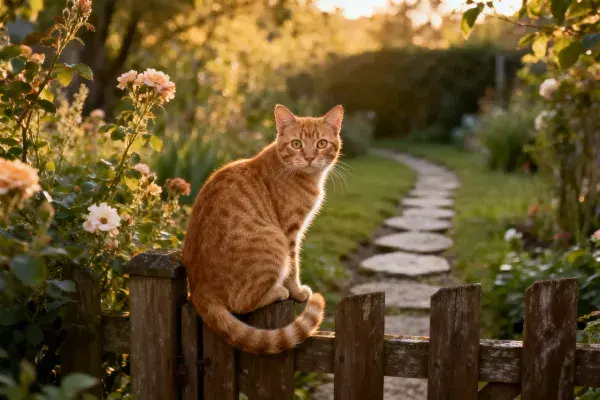 短毛虎斑猫坐于木栅栏之上