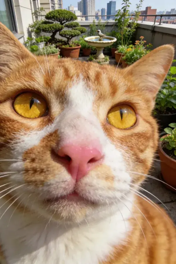 露天阳台上的橘白斑纹短毛猫