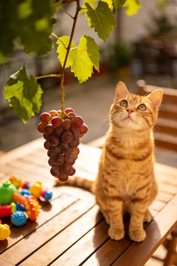 橘色短毛家猫仰望葡萄串瞬间