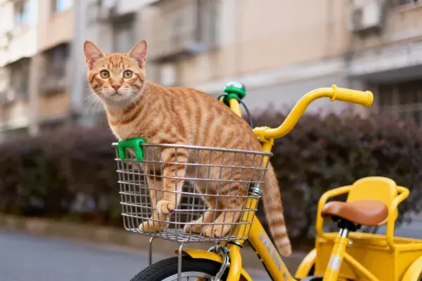 橘色短毛虎斑猫坐于自行车篮中