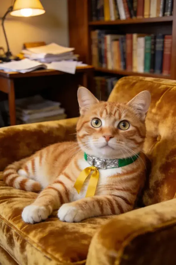 书房暖光下橘色虎斑猫