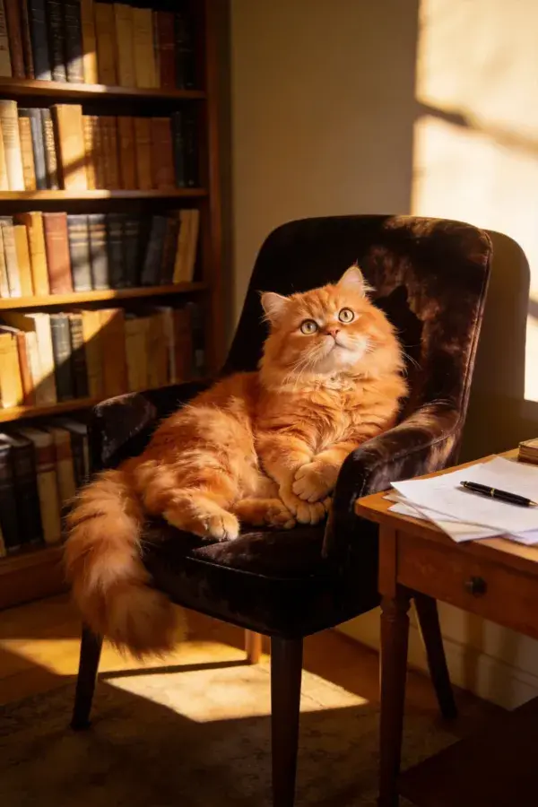 阳光书房内的缅因猫在深色扶手椅上