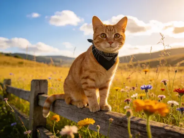 阳光下野花草地木栅栏上的橘色短毛家猫