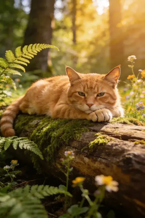 森林苔藓原木上的橘色短毛家猫