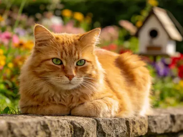 橘色短毛家猫在石台上休憩