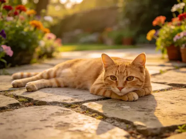 阳光下石板路上的橘猫休憩场景
