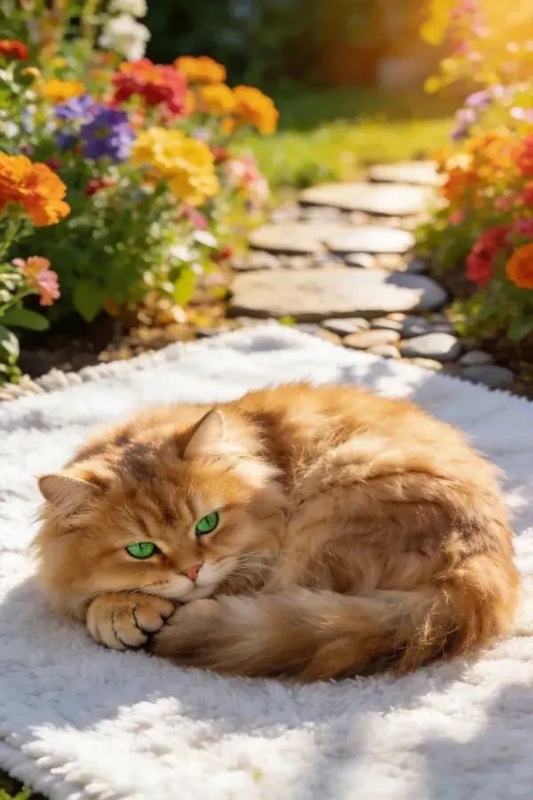 花园石径旁的长毛橘猫休憩图