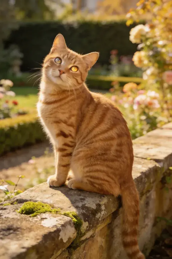 花园石栏上的橘色短毛家猫