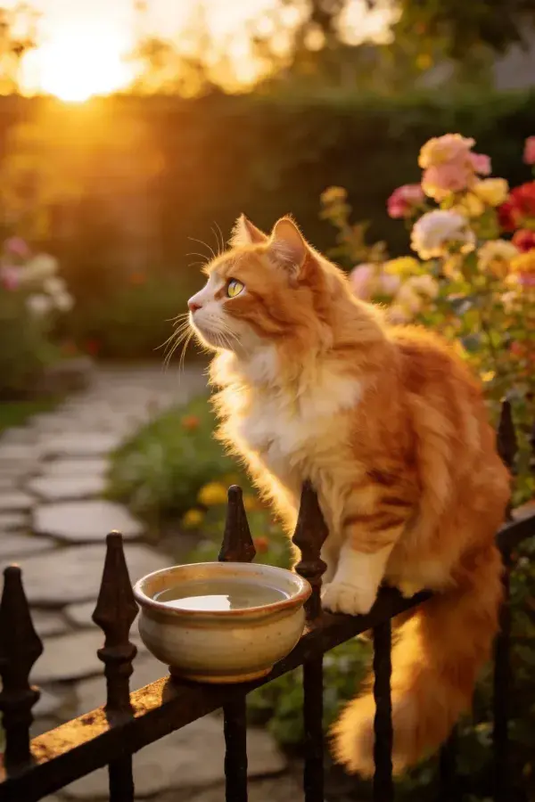 橙白缅因猫在铁栅栏上的夕阳场景