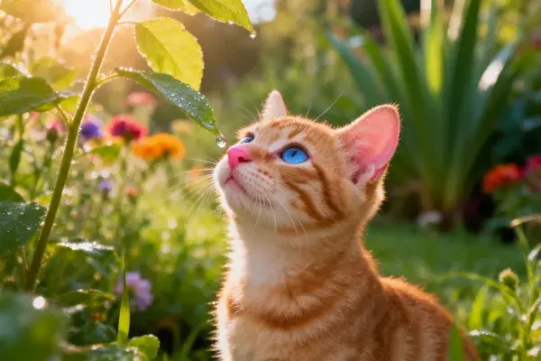 橘色短毛家猫注视叶片上的水滴于花园中
