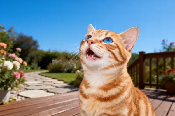 虎斑纹理短毛猫在花园木平台上的姿态