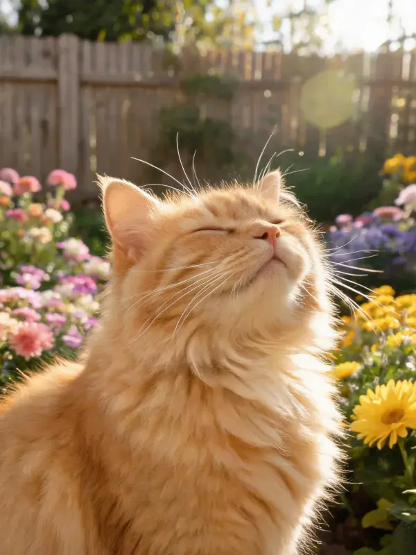 橘猫在花园花丛中沐日光