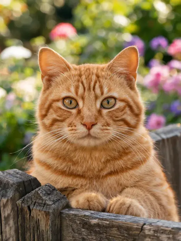橘色短毛猫于木栅栏后探望
