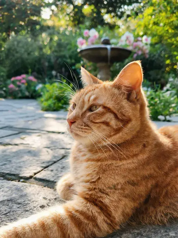 橘色短毛家猫在花园石板上的姿态