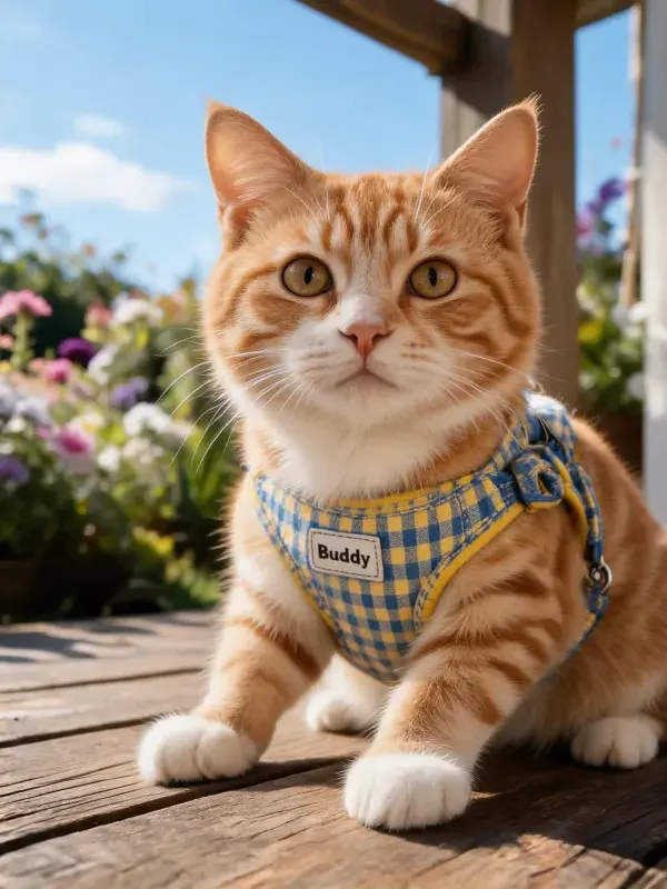 阳光明亮的户外木质平台上橙白相间的短毛猫