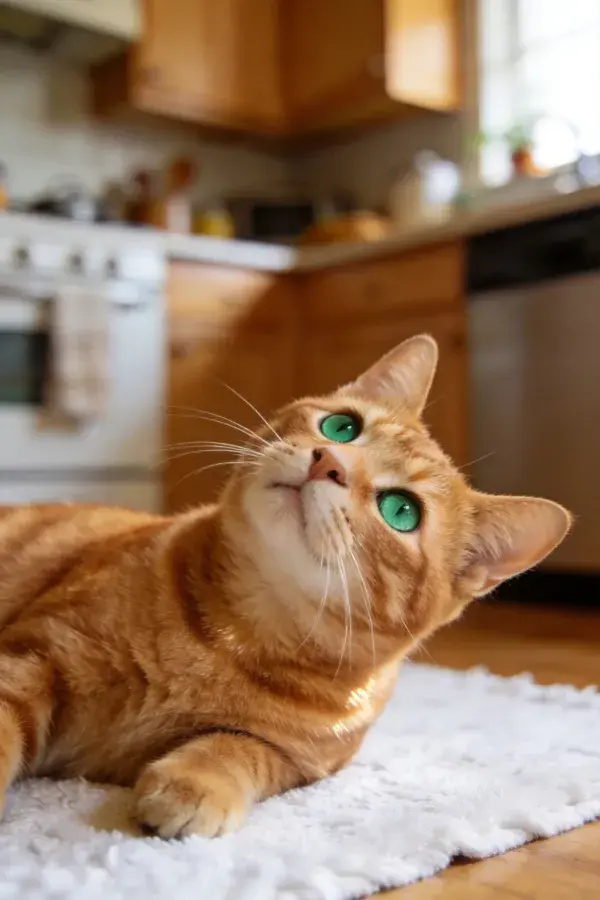 厨房地毯上的橘色短毛家猫
