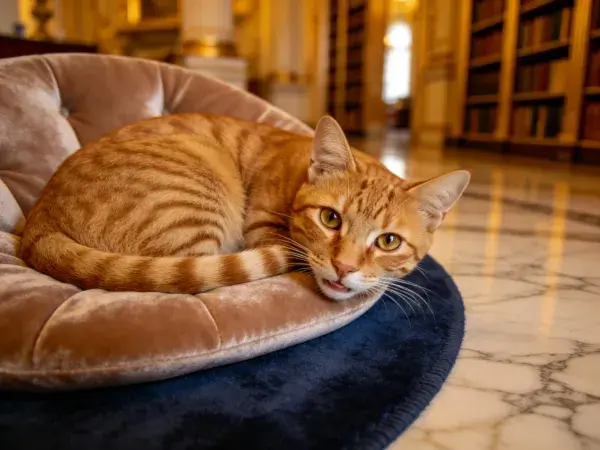 橘色短毛家猫卧于宠物床
