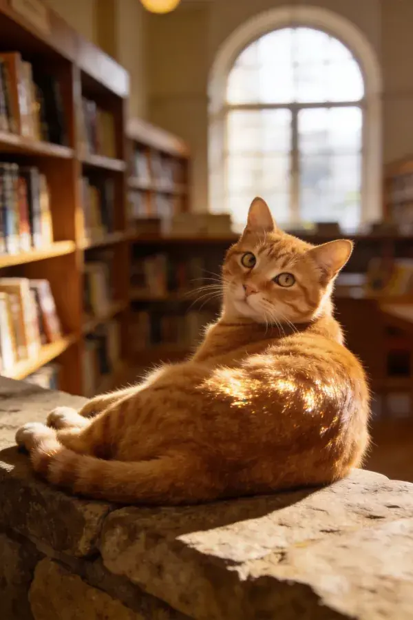 橘色短毛家猫卧于图书馆石栏处