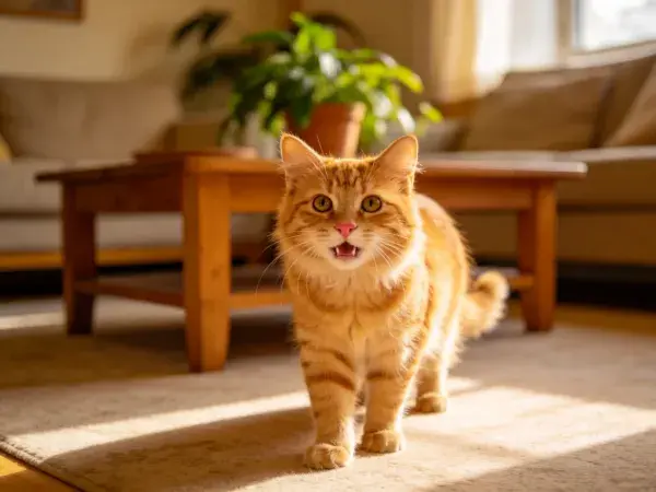 客厅阳光下的橘斑纹短毛猫