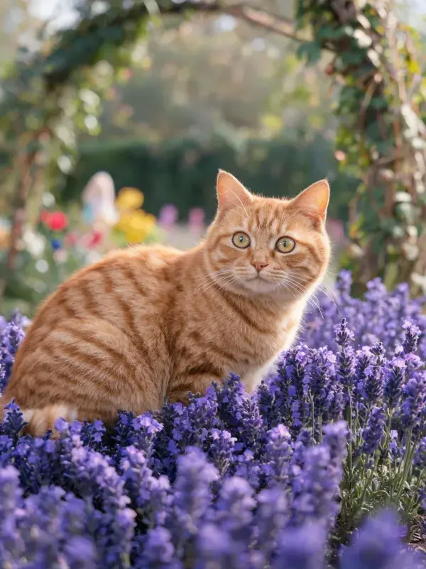花园薰衣草丛中的橘色短毛家猫