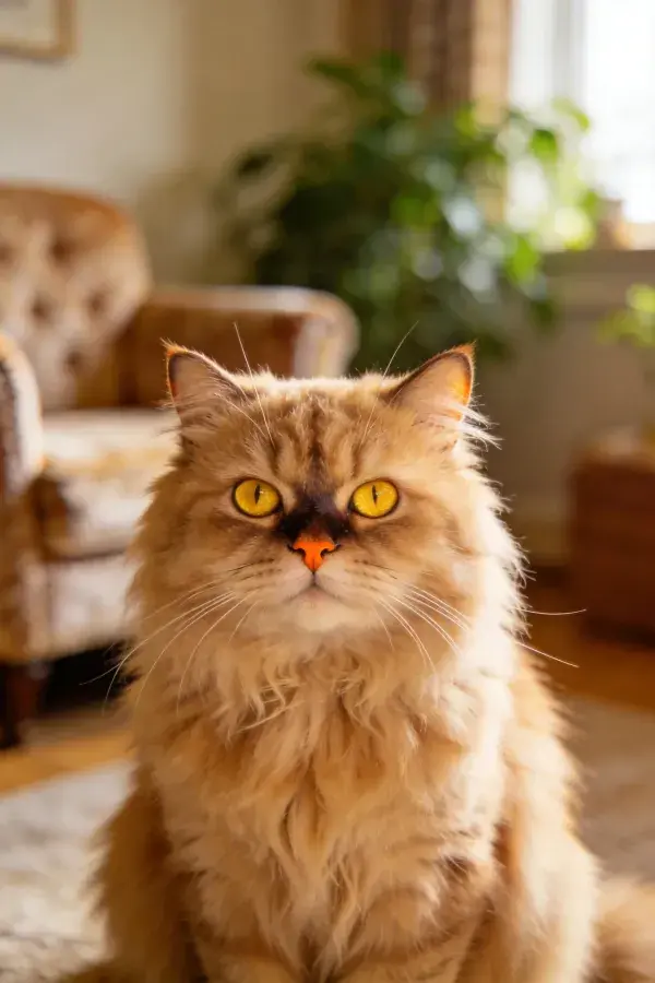 金吉拉猫特写，室内暖光下蓬松毛发