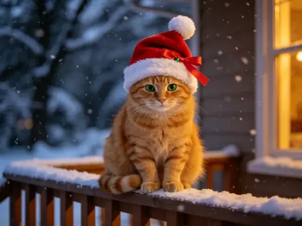 雪夜门廊上的橘色虎斑猫