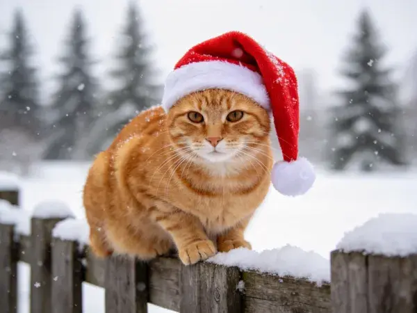 冬日雪景中戴圣诞帽的橘色短毛家猫