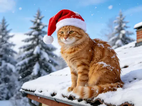 橘色虎斑猫戴圣诞帽雪地屋顶场景