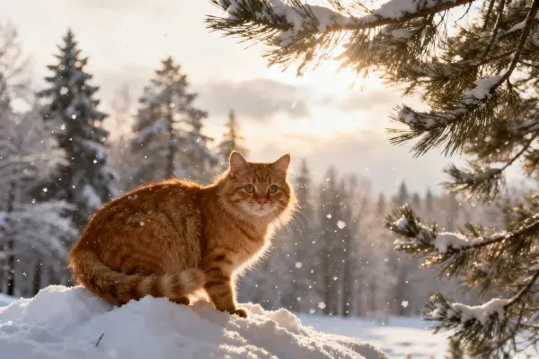 阳光雪林中的橙虎斑短毛猫