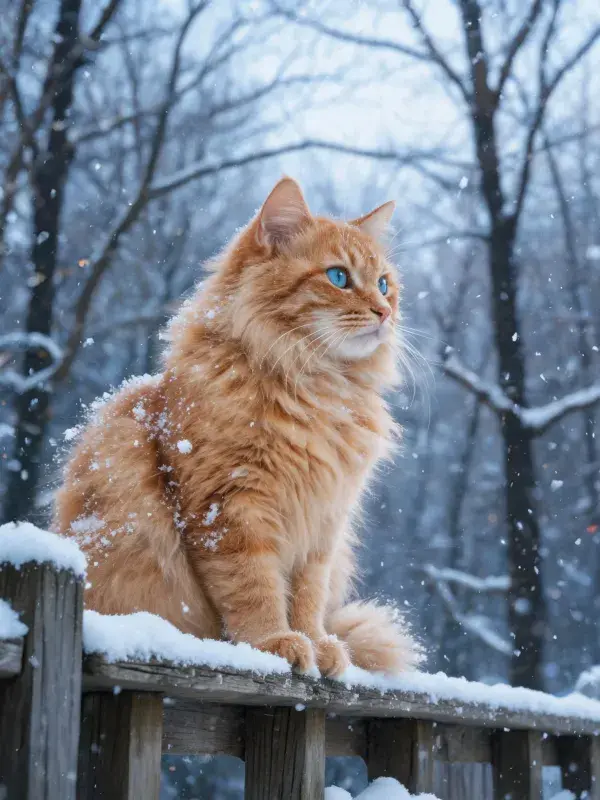 雪地围栏上的缅因猫特写