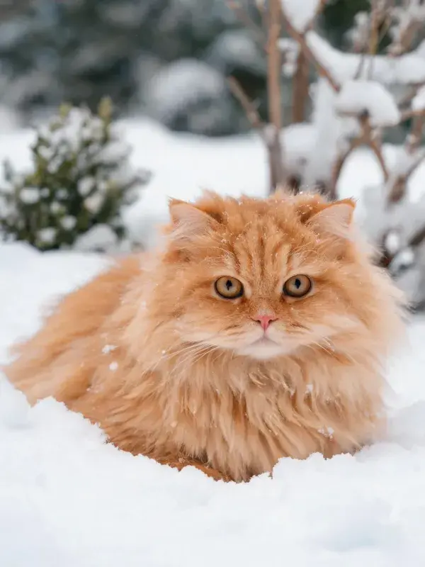 雪地中橙色长毛波斯猫