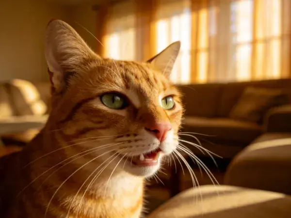 橘色短毛虎斑猫室内阳光下的特写观察