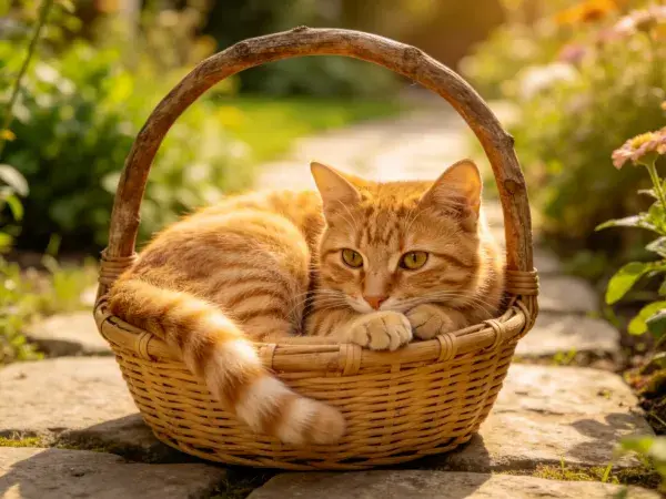 橘色短毛家猫躺卧篮内花园石板路
