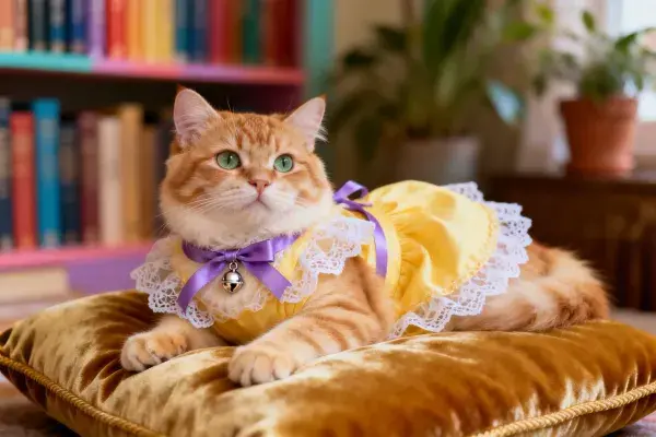 室内书架旁的短毛橘猫