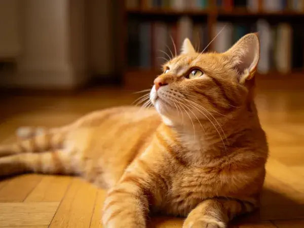 橘色短毛家猫抬头凝望场景