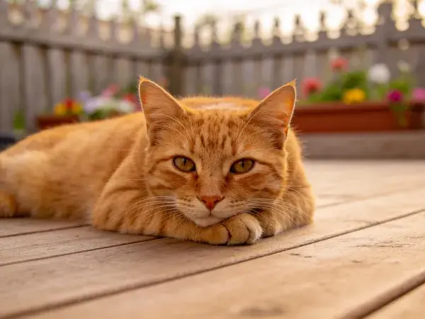 橙色短毛虎斑猫趴在木质露台场景