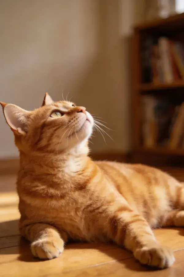 室内暖光下橘色短毛家猫躺卧