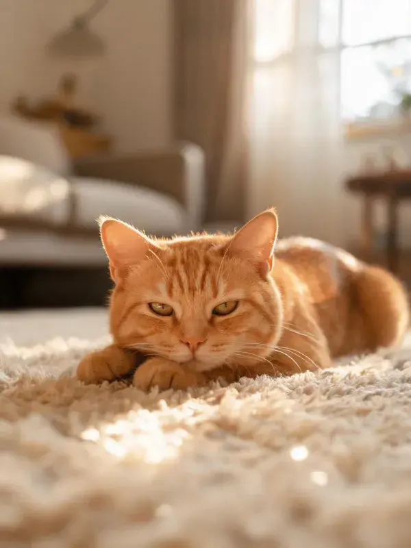 客厅暖光下的短毛橘猫