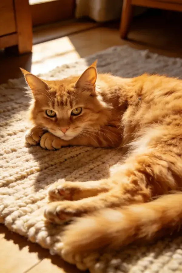 室内地毯上橘色缅因猫特写