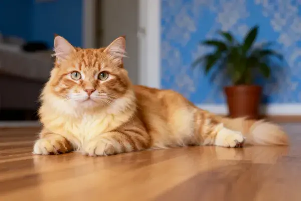 客厅地板上的金色长毛虎斑猫