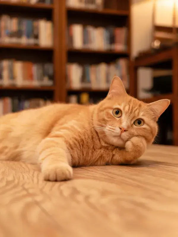 室内书架前的橘色短毛猫姿态